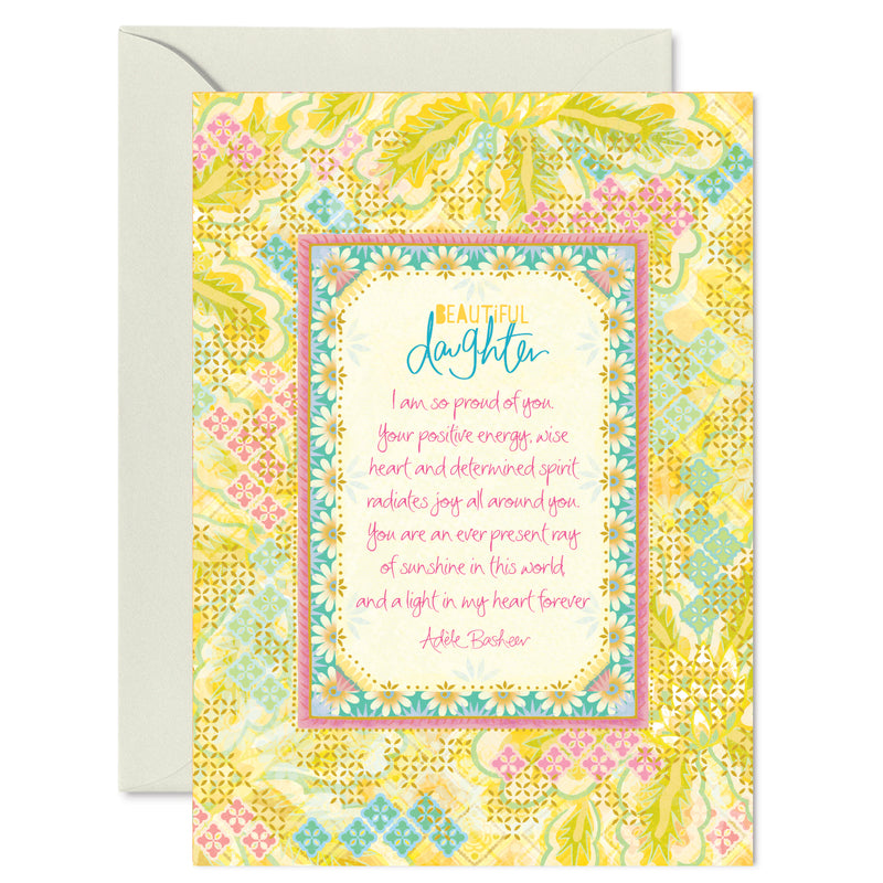 Intrinsic ‘My Beautiful Daughter' themed birthday and special occasion greeting card with envelope. Colourful hand-illustrated wishing card with gold foil and inspirational quote on cover by Adele Basheer. Unique greeting card for proud mums, moms, mothers and parents, to celebrate their special relationship and friendship with their child, a milestone or birthday. 