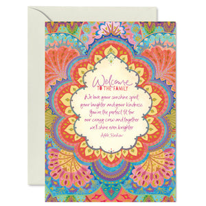 Intrinsic gold foiled beautiful greeting card for new family member welcome. Multi-colour bohemian greeting card with blank inside. Welcome Greeting card for engagement party, wedding card, sister in-law, brother in-law, daughter in-law, son in-law. 