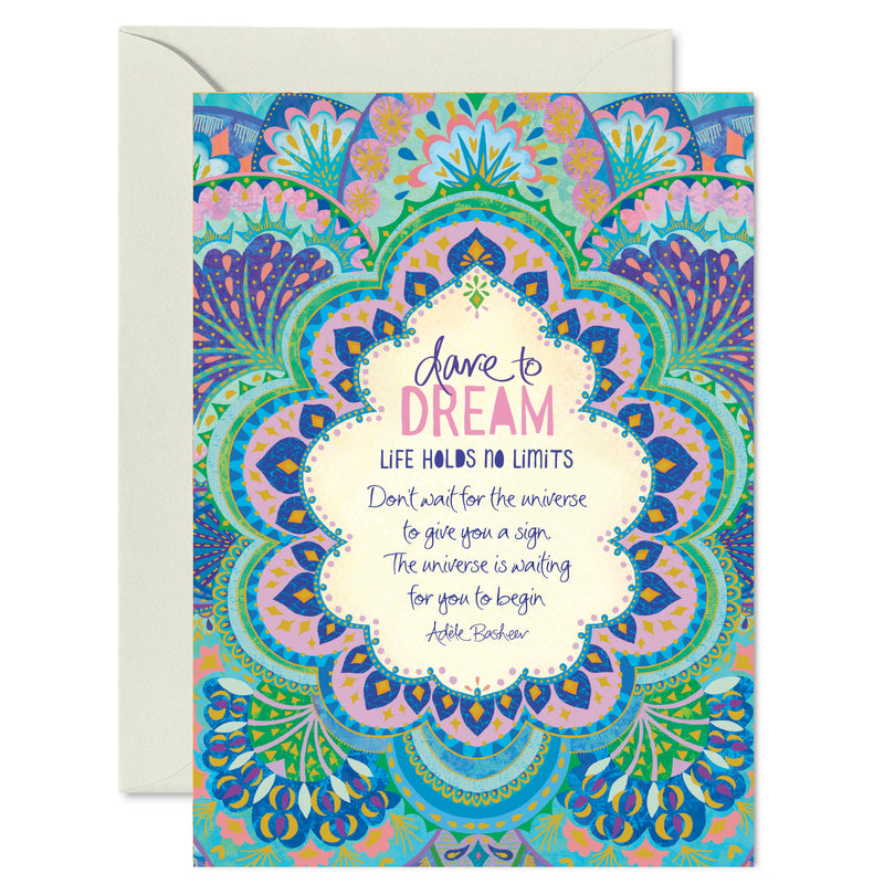 Intrinsic ‘dare to dream’ celebration themed greeting card with envelope. Unique colourful aspirational card with gold foil and inspirational quote on cover by Adele Basheer. Greeting card for someone who just graduated, house-warming greeting card, birthday card. 