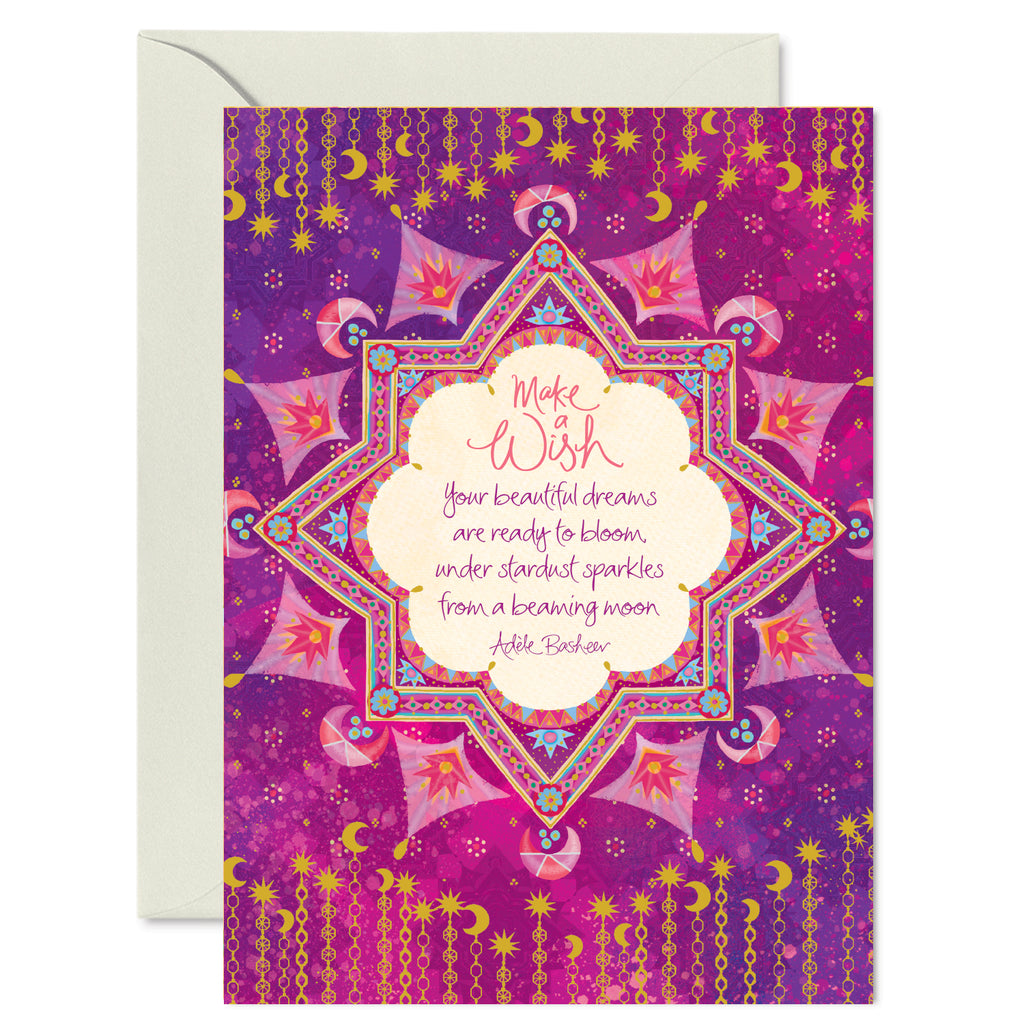 Australian Brand Intrinsic ‘Make a wish’ all-occasion Greeting Card for motivation. Pink and purple ethereal patterned celebration card. Inspirational all-occasion gift card with heartfelt quote by Adele Basheer. Blank Greeting Cards. 