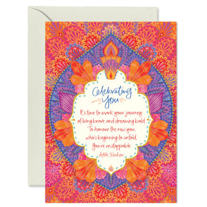 Australian Brand Intrinsic ‘Celebrating You’ all-occasion Greeting Card for motivation. Red and blue bohemian patterned celebration card. Inspirational all-occasion gift card with heartfelt quote by Adele Basheer. Blank Greeting Cards. 