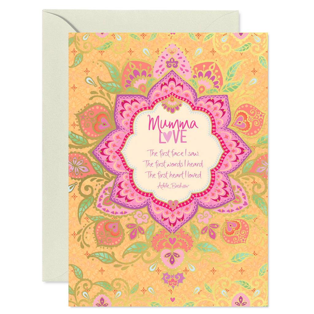 Intrinsic Mum Greeting Card with heartfelt words and quote for mum - Designed in South Australia - yellow and pink card with gold foiling