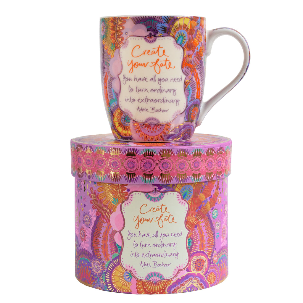 Create Your Fate Ceramic Gift Boxed Coffee Mug - Colourful mug with gold foiling and motivational message by Adèle Basheer 