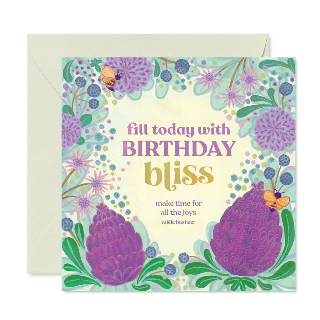  Intrinsic Birthday Bliss Greeting Card - colourful birthday card with floral illustrations and bees - Birthday card for family, friend, Mum, Sister, Aunt, Girlfriend - Made in South Australia 