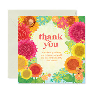 Intrinsic Friendship/Thankyou/All occasion Greeting Card - yellow and pink ‘just because’ greeting card with floral illustrations and bees - Made in South Australia 