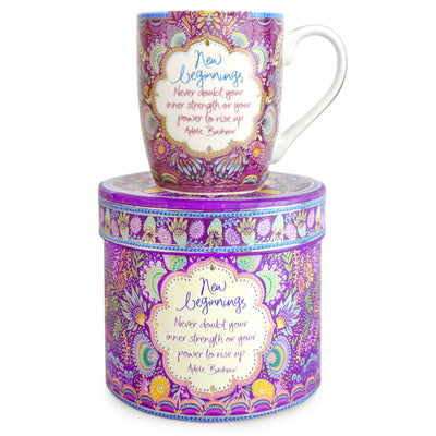Purple New Beginnings ceramic homewares coffee mug with inspirational Adèle Basheer quote