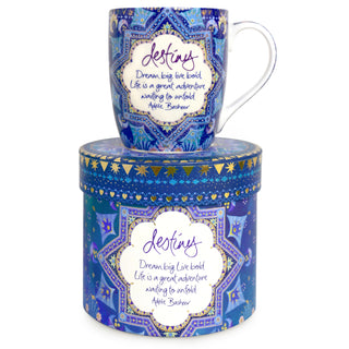 Australian Intrinsic coffee cup with Adèle Basheer destiny inspiring quote. Ceramic Destiny Mug - Navy blue with star pattern and gold foiling