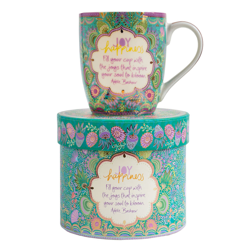 Joy & Happiness Ceramic Gift Boxed Coffee Mug - Colourful mug with gold foiling and motivational message by Adèle Basheer - Gifts for someone special 
