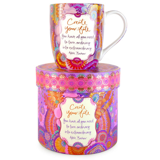 Create Your Fate Ceramic Gift Boxed Coffee Mug - Colourful mug with gold foiling and motivational message by Adèle Basheer 