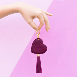 Love heart shaped Vegan Leather maroon, merlot red key ring with short inspirational quote. Key holder for house keys, car key, backpack, purse, school bag, gym bag, colour code spare key, shed key, key fob and USB.  