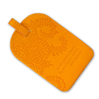 Intrinsic Marigold Yellow Luggage Tag with inspirational Travel Quote in vegan leather
