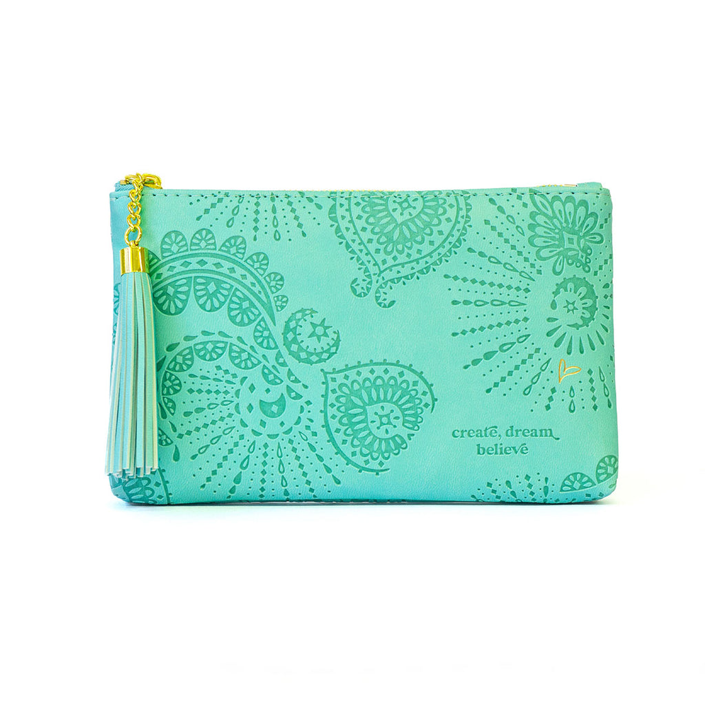 Intrinsic soft vegan leather turquoise blue essential purse - large turquoise green coin purse with zip and aqua tassel keychain - designed in South Australia 