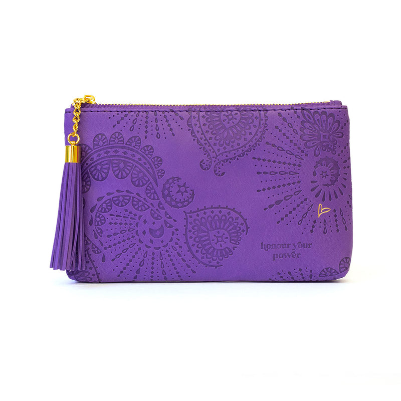 Adele Basheer Intrinsic violet purple vegan leather coin purse with velour pink pouch - boho print violet purple purse 