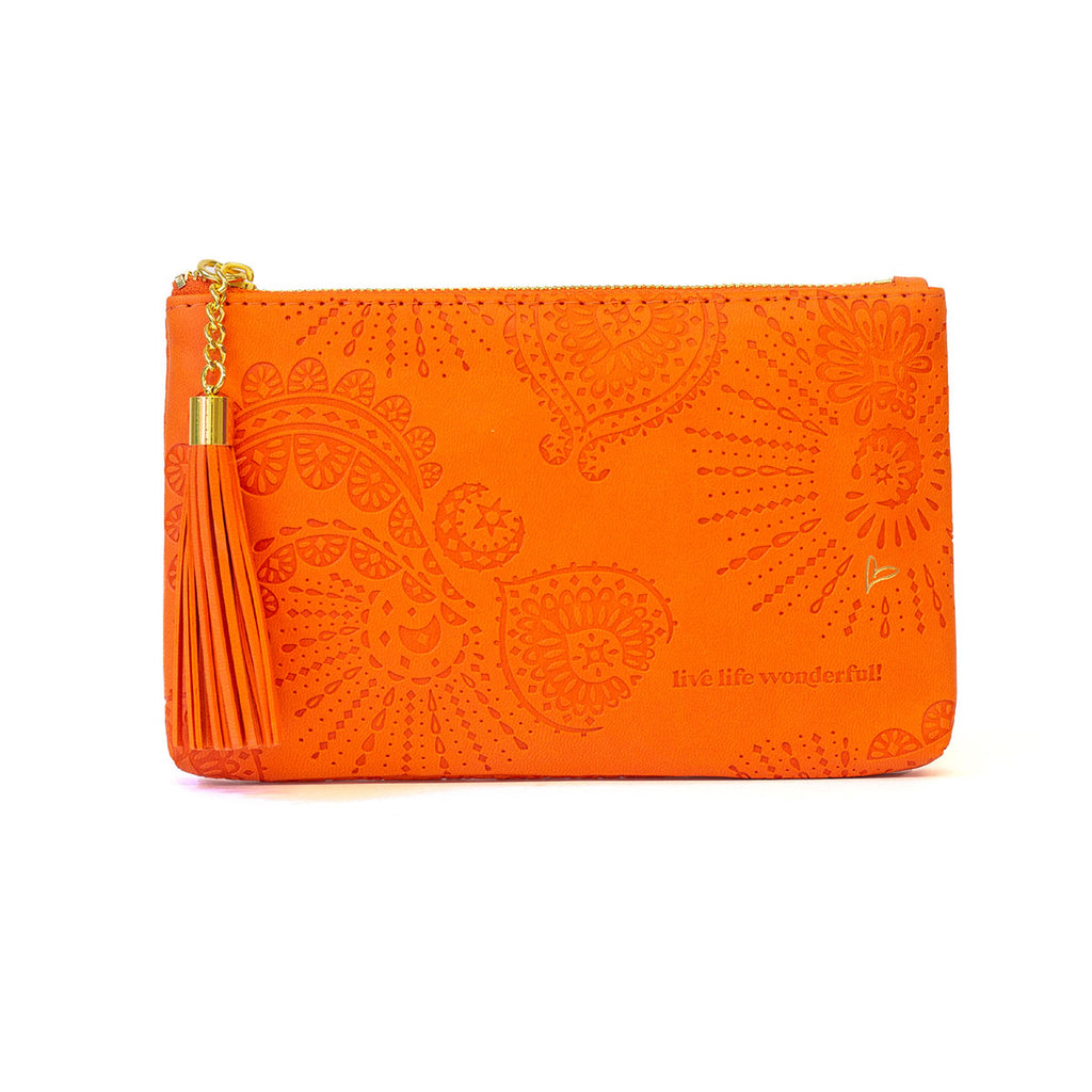 Intrinsic soft vegan leather orange essential purse - large orange coin purse with zip and orange tassel keychain - designed in South Australia 
