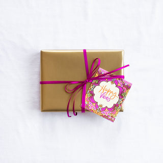 Intrinsic Happy Vibes motivational Gift Tag with blank inside. Unique colourful gift label with gold foil and inspirational quote on cover by Adele Basheer. Beautiful swing tag for special occasions, good luck, birthday celebrations, gifts for someone’s special day and milestones.