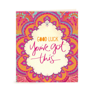 Australian Brand Intrinsic Good Luck You've Got This Gift Tag to inspire in gifts for her and personalised gifts. Red, pink and orange bohemian patterned present tag with gold foil for strength. Inspirational good luck swing tag with heartfelt quote by Adele Basheer. Blank Inside for your message. 