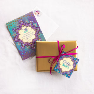 Intrinsic Stellar Wishes motivational Gift Tag with blank inside. Unique colourful gift label with gold foil and inspirational quote on cover by Adele Basheer. Beautiful swing tag for special occasions, good luck, birthday celebrations, gifts for someone’s special day and milestones.