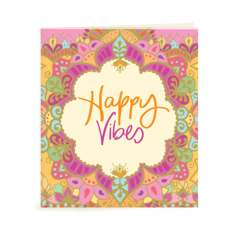 Australian Brand Intrinsic Happy Vibes motivational Gift Tag for best wishes, gifts for her and birthday gifts. Complete your gift packs with yellow, pink and green bohemian patterned present tag with gold foil. Inspirational occasion swing tag for joy and good luck with heartfelt quote by Adele Basheer. Blank Inside for you message. 