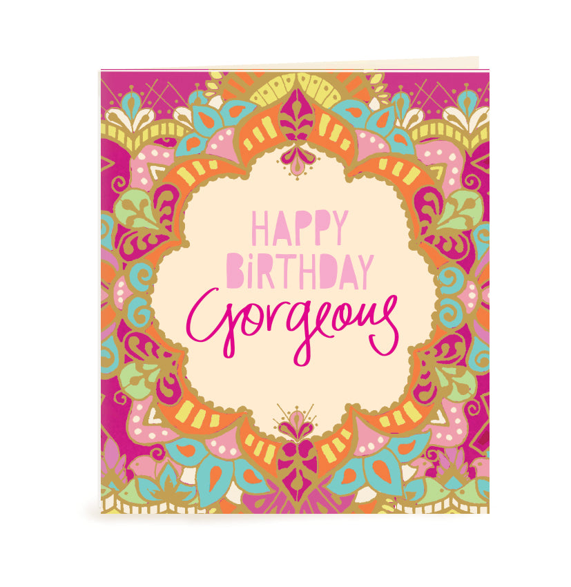 Australian Brand Intrinsic Happy Birthday Gorgeous Gift Tag to delight in gifts for her and birthday gifts. Patterned present tag with pink, orange and turquoise on a hand illustrated bohemian design and gold foil. Birthday swing tag with heartfelt quote by Adele Basheer. Blank Inside for you message. 