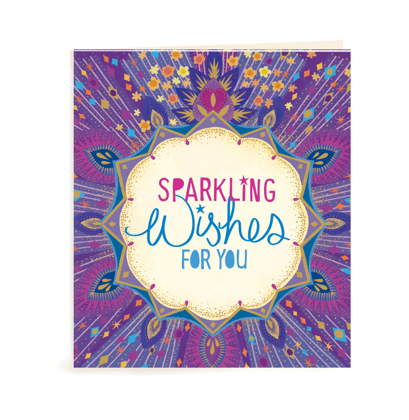 Australian Brand Intrinsic Sparkling Wishes For You motivational Gift Tag for best wishes, gifts for her and birthday gifts. Patterned present tag with purple and blue hues in a starry ethereal design, with gold foil. Inspirational occasion swing tag for joy and good luck with heartfelt quote by Adele Basheer. Blank Inside for you message. 