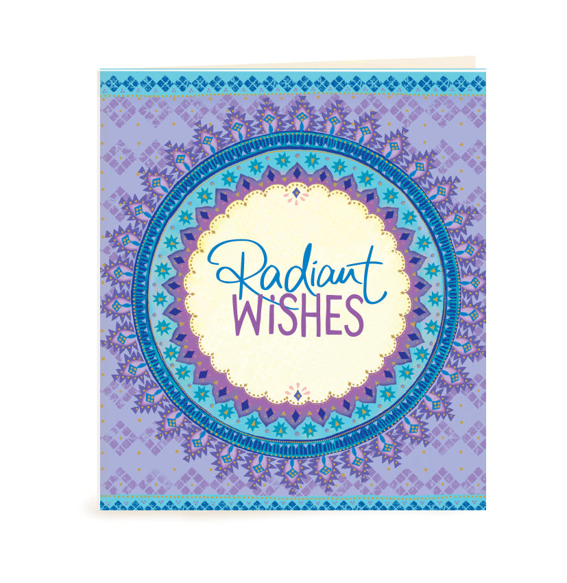 Australian Brand Intrinsic Radiant Wishes motivational Gift Tag for best wishes, good luck and gift packs for her. Patterned present tag with lilac and blue on a bohemian design, with gold foil. Inspirational occasion swing tag for joy, birthdays and celebratory wishes with heartfelt quote by Adele Basheer. Blank Inside for your message. 