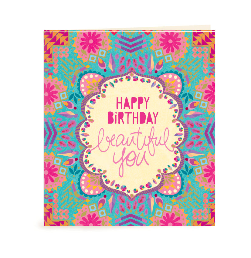 Australian Brand Intrinsic Happy Birthday Beautiful You Gift Tag for showing love and appreciation. Complete your gift packs, gifts for her and birthday gifts with this present tag with prettyturquoise and pink on a bohemian design and gold foil. Birthday swing tag with heartfelt quote by Adele Basheer. Blank Inside for your message. 