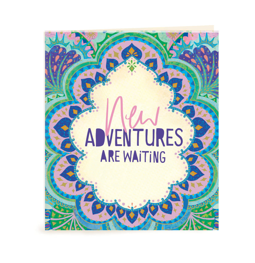 Australian Brand Intrinsic New Adventures are Waiting Gift Tag to inspire someone special to trust and embrace new beginnings. Complete your personalised gifts with purple, blue and turquoise on a bohemian design, and sparkles of gold foil. Inspirational good luck swing tag with heartfelt quote by Adele Basheer. Blank Inside for you message. 