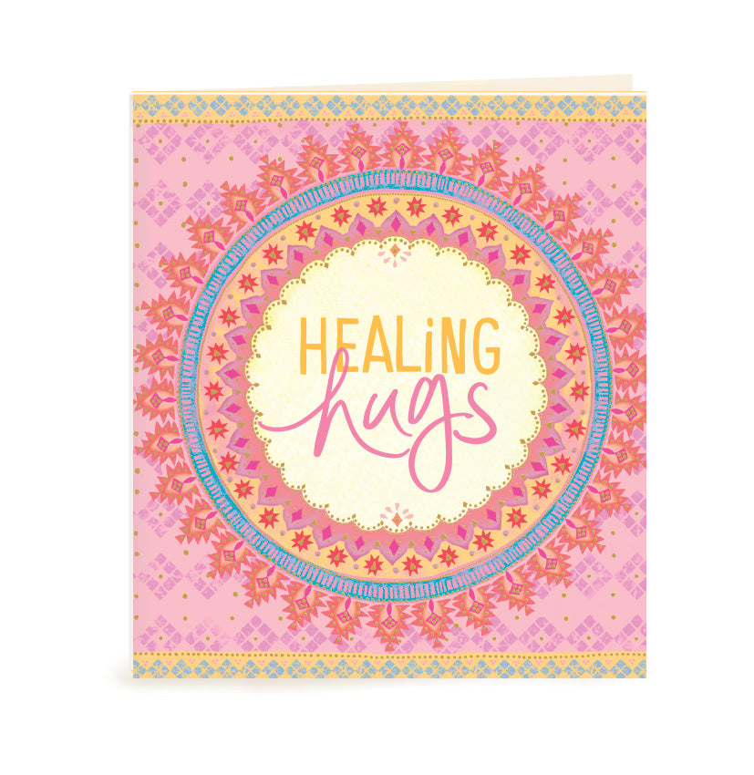 Australian Brand Intrinsic Healing Hugs Gift Tag for sympathy and support. A beautiful way to complete personalised gifts with purple, blue and turquoise on a bohemian design, and sparkles of gold foil. Soulful condolence swing tag with heartfelt quote by Adele Basheer. Blank Inside for you message. 