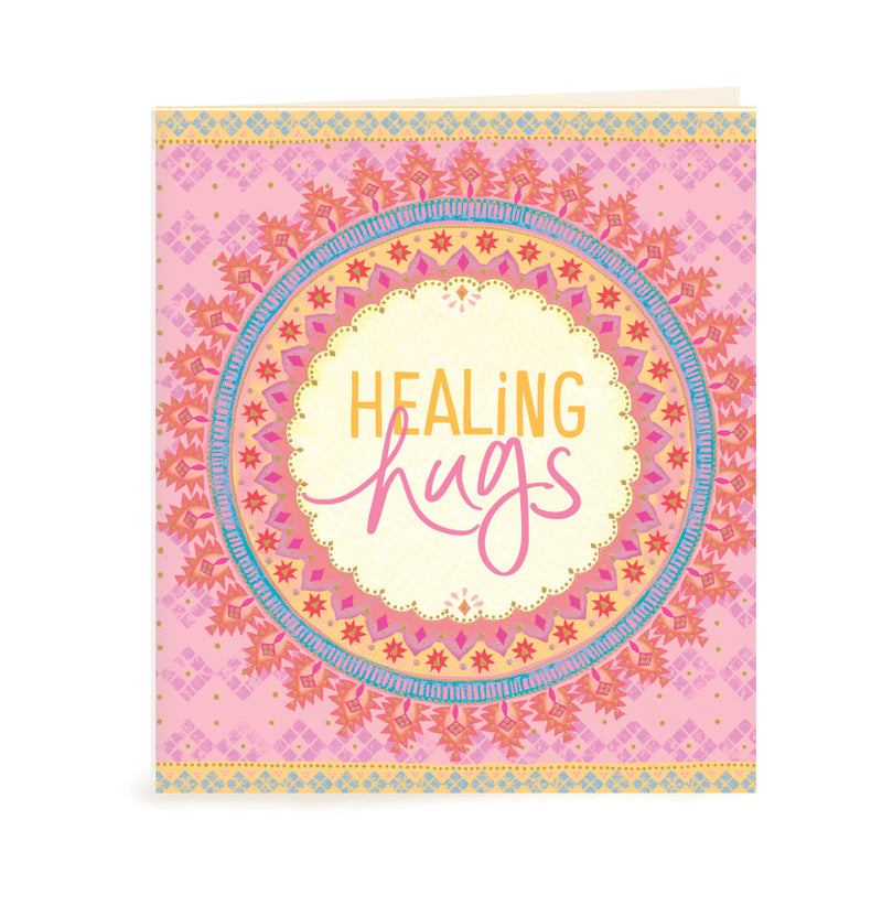 Intrinsic Healing Hugs Gift Tag with blank inside. Unique colourful gift label with gold foil and inspirational quote on cover by Adele Basheer. Heartfelt present tag for comfort in challenging times of grief, death and loss. 