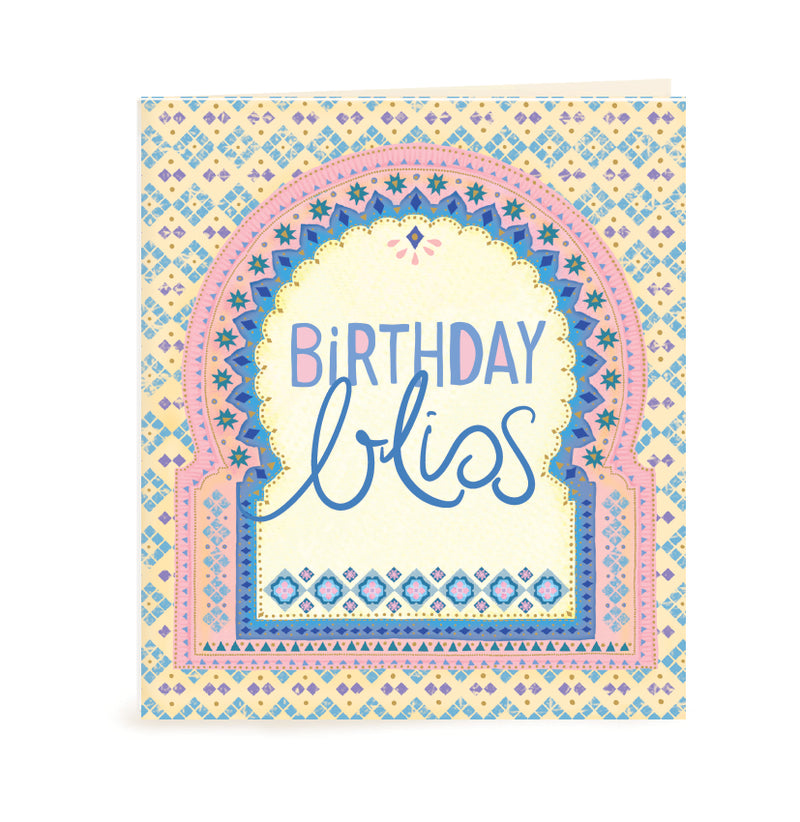 Australian Brand Intrinsic Birthday Bliss Gift Tag for showing love and appreciation. Complete your gift packs, gifts for her and birthday gifts with this present tag with soulful pops of pink and blue on a unique bohemian design and gold foil. Birthday swing tag with heartfelt quote by Adele Basheer. Blank Inside for your message. 