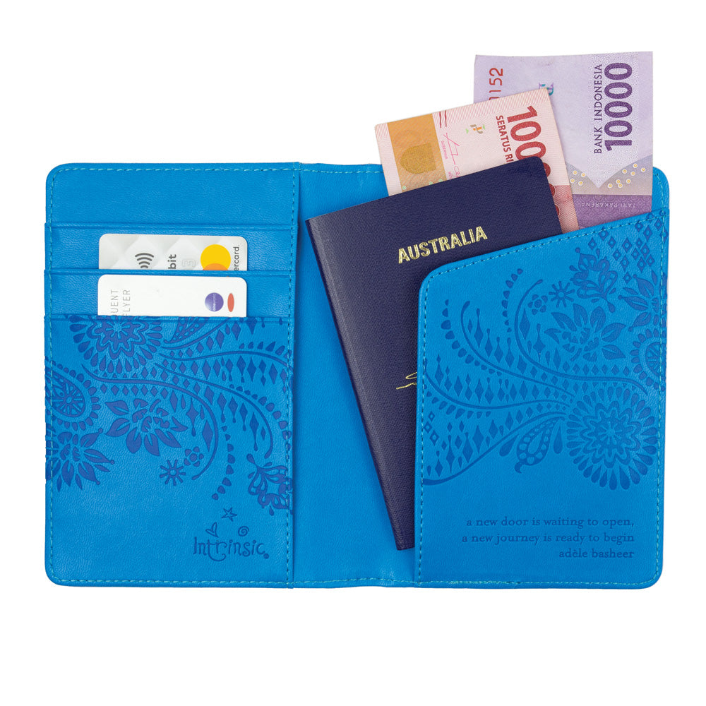 Intrinsic Amalfi Blue Travel Passport Wallet and Passport Cover with Inspiring Travel Quotes