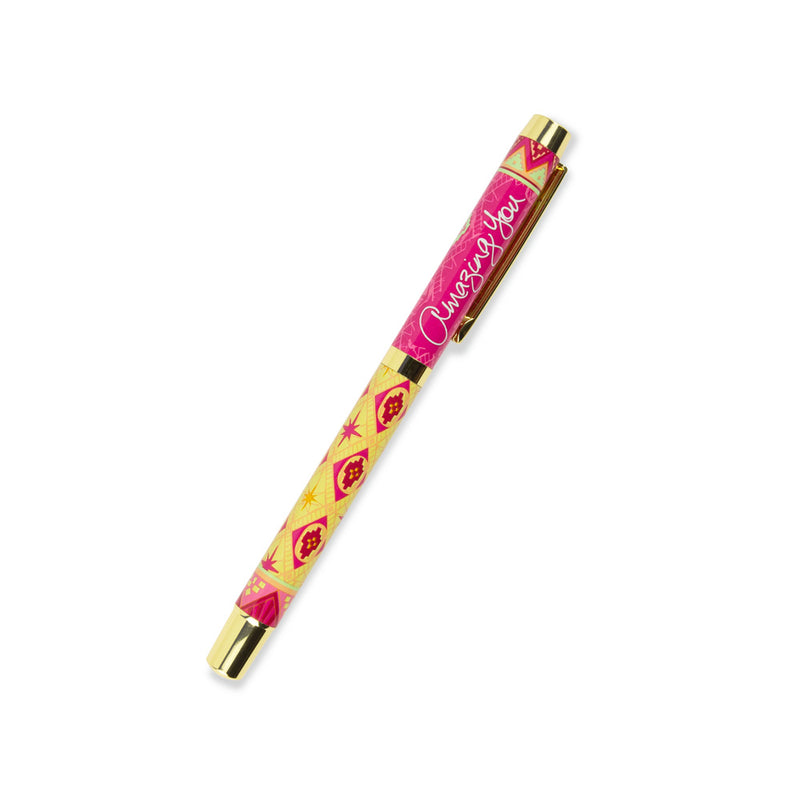 Hot Pink and Yellow Rollerball Pen with Purple Ink