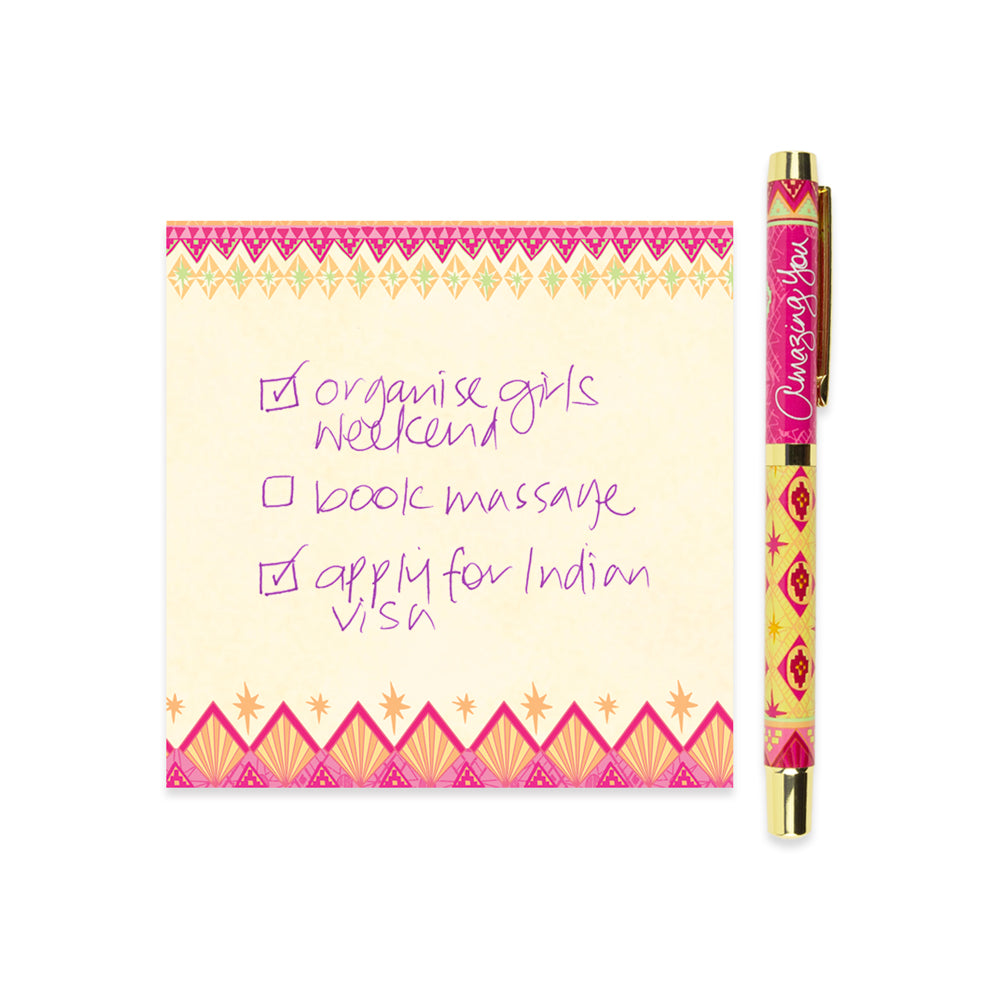 Hot Pink and Yellow Rollerball Pen with Purple Ink