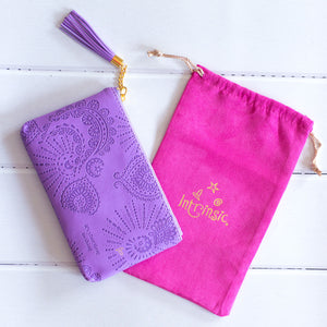 Adele Basheer Intrinsic amethyst purple vegan leather coin purse with velour pink pouch - boho print lilac purple purse 