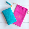 Adele Basheer Intrinsic azure light blue vegan leather coin purse with velour pink pouch - boho print blue purse 