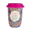 Intrinsic Hot Pink Patterned Boho Ceramic Travel Coffee Mug with Hot Pink Silicone Lid