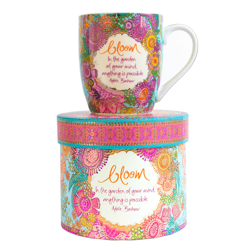 Inspirational ceramic Bloom Mug for garden lovers - floral heartfelt gift with Australian wildflower patterns and quote from Adele Basheer