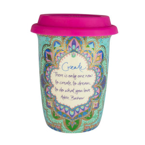 Turquoise Mandala Patterned Ceramic Travel Mug Cup to keep with Hot Pink Lid
