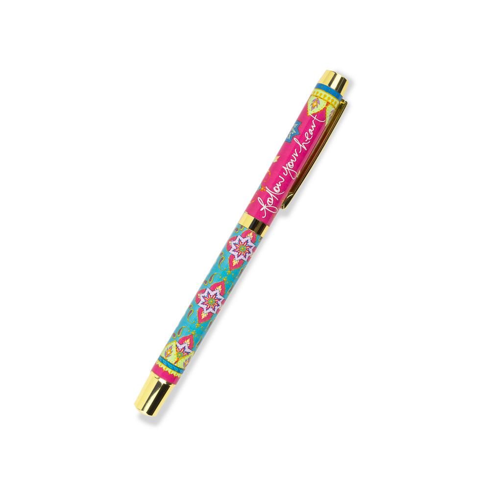 Hot Pink and Turquoise Mandala Patterned Rollerball Pen with Indigo Ink