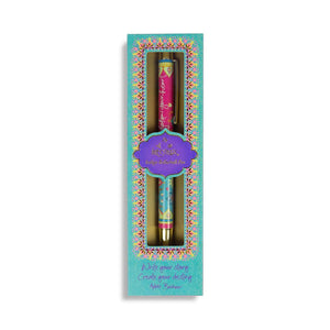 Gift Boxed Turquoise and Hot Pink Boho Patterned Rollerball Pen with Indigo Ink
