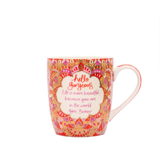 Intrinsic Hello Gorgeous Inspirational quote coffee mug. Designed in South Australia. Colourful design with real gold, pink, red, orange and purple patterns. 