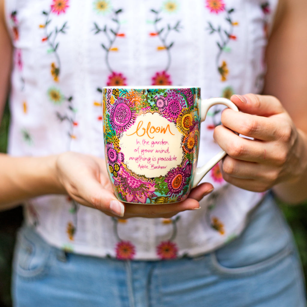 Gift boxed ceramic 'Bloom' mug - Australian floral print with gold foiling and inspirational message 
