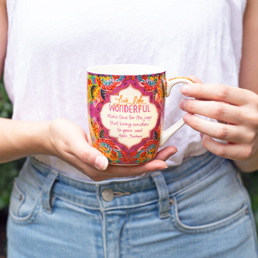 Live Life Wonderful ceramic mug with words of affirmation and inspirational quote by Adèle Basheer