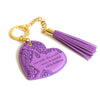 Inspirational vegan leather heart shaped light purple keychain with gold chain and lilac tassel. Designed in South Australia. Motivational quote by Adèle Basheer. Pantone colour of the Year Very Peri 2022 Key ring. 