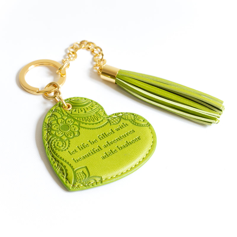 Love heart shaped Vegan Leather light green Key ring with short inspirational quote. Key holder for house keys, car key, backpack, purse, school bag, gym bag, colour code spare key, shed key, key fob and USB.  