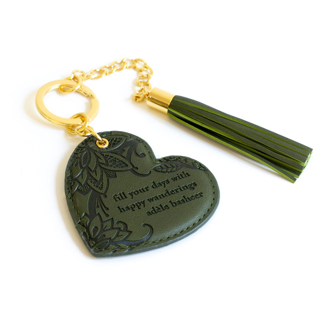 Inspirational vegan leather heart shaped Dark Khaki green keychain with gold chain and khaki green tassel. Designed in South Australia. Motivational quote by Adèle Basheer.