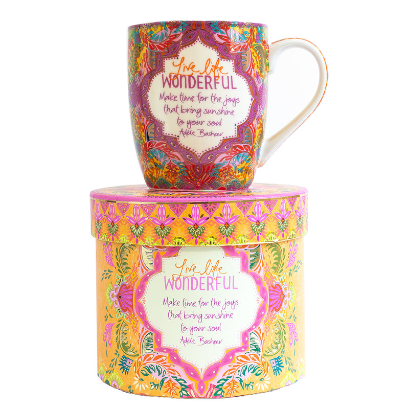 Inspirational Ceramic ‘Live Life Wonderful’ Coffee Mug- colourful mug with gold foiling with motivational message by Adèle Basheer