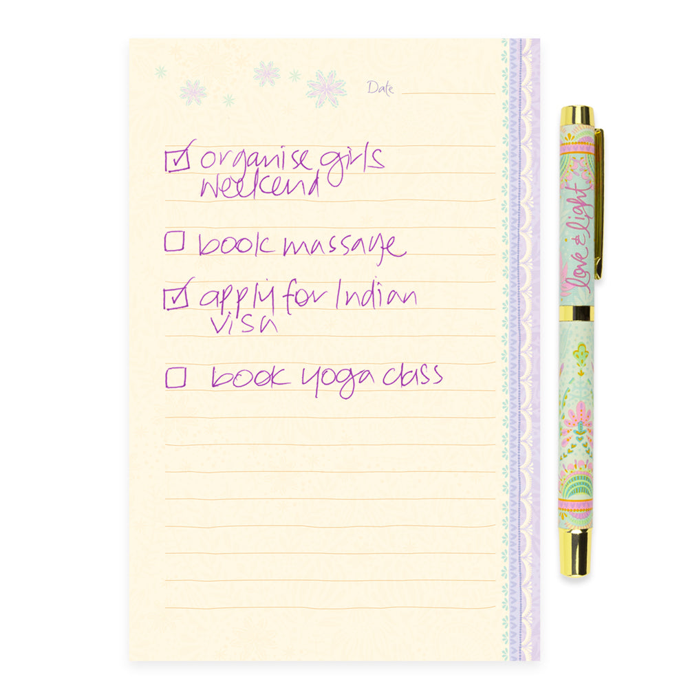 Pastel Green, Lilac and Pink Rollerball Pen with Matching Guided Journal