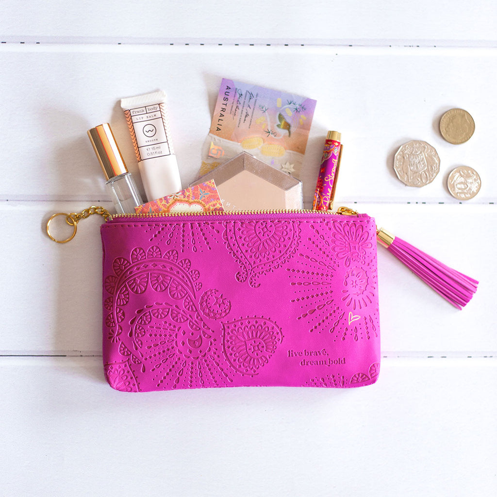 Adele Basheer Intrinsic vegan leather magenta pink coin purse - small pink female wallet, mini pink makeup bag, small pink pencil case 