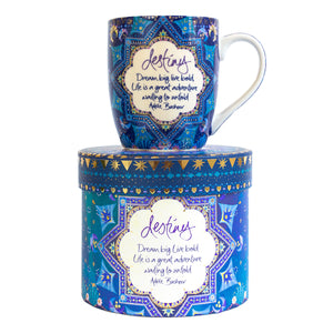 Australian Intrinsic coffee cup with Adèle Basheer destiny inspiring quote. Ceramic Destiny Mug - Navy blue with star pattern and gold foiling